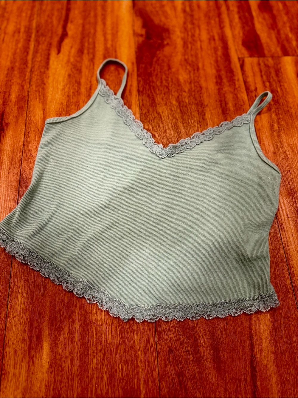 Y2K Hollister Lace Trim Ribbed Cami in Sage Green